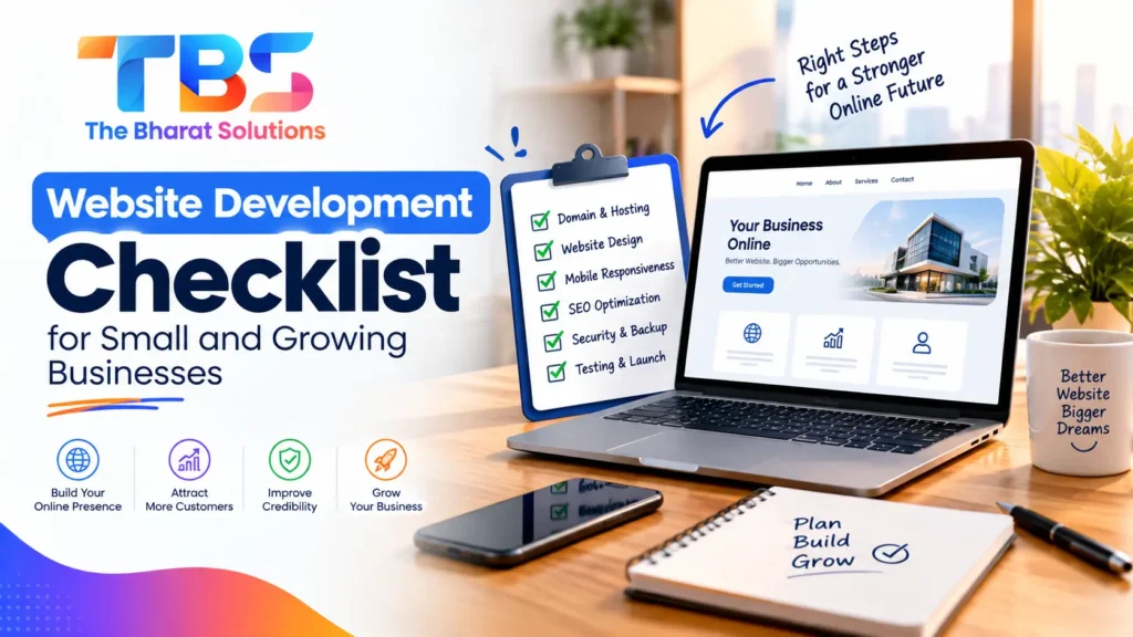 Website development checklist for small businesses covering design, SEO, security and website launch Copy Alt Text